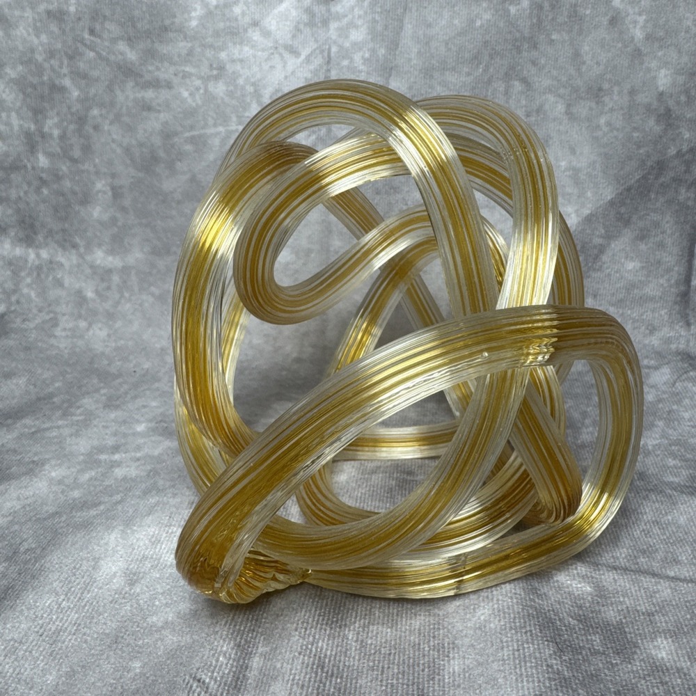 Vintage Art Glass Yellow Gold Twisted Rope Infinity Love Knot Ribbed Paperweight